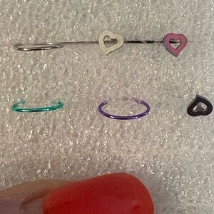 Nose Rings- 6 nose rings, the hearts are stainless steel,  3 hearts and 3 hoops